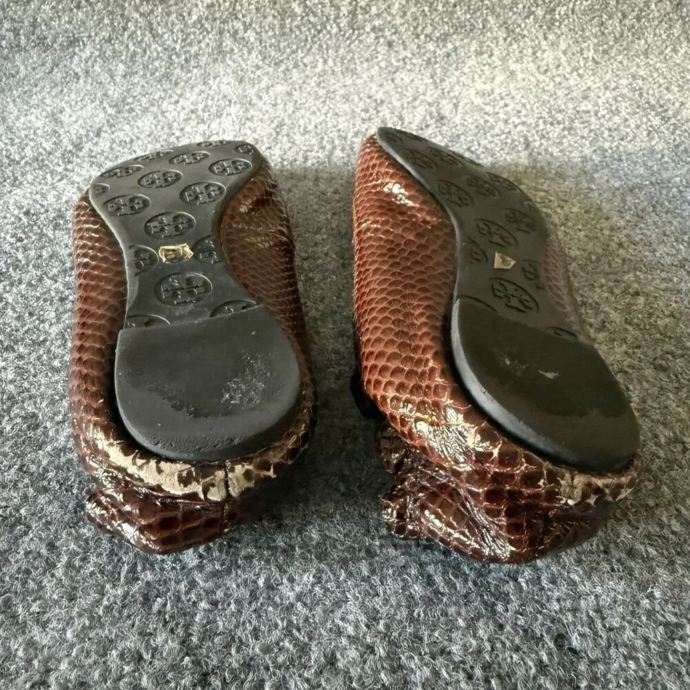 Tory Burch Reva Ballet Flat in Burgundy Snakeskin Print with Silver Medallion 37